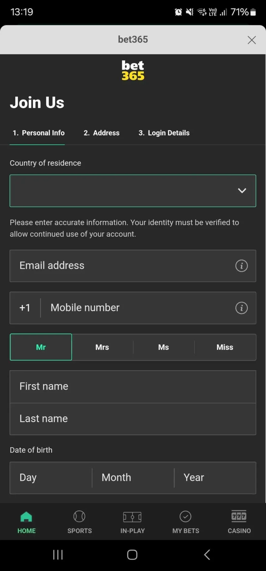 bet365 Registration Screenshot